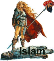 Islam the death cult and Muhammad are depicted where they properly belong, Islam dead and Muhammad’s head on a woman’s spear.